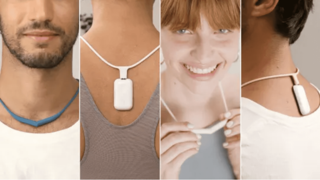 4 models wearing Upright, the posture necklace