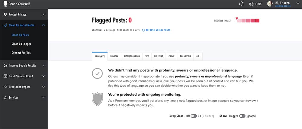 BrandYourself website, number of flagged posts