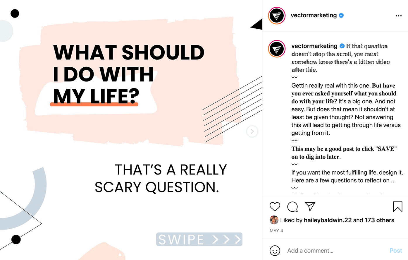 what kind of work should i do vector marketing instagram Vector Marketing Instagram post, "What should I do with my life? That's a really scary question."