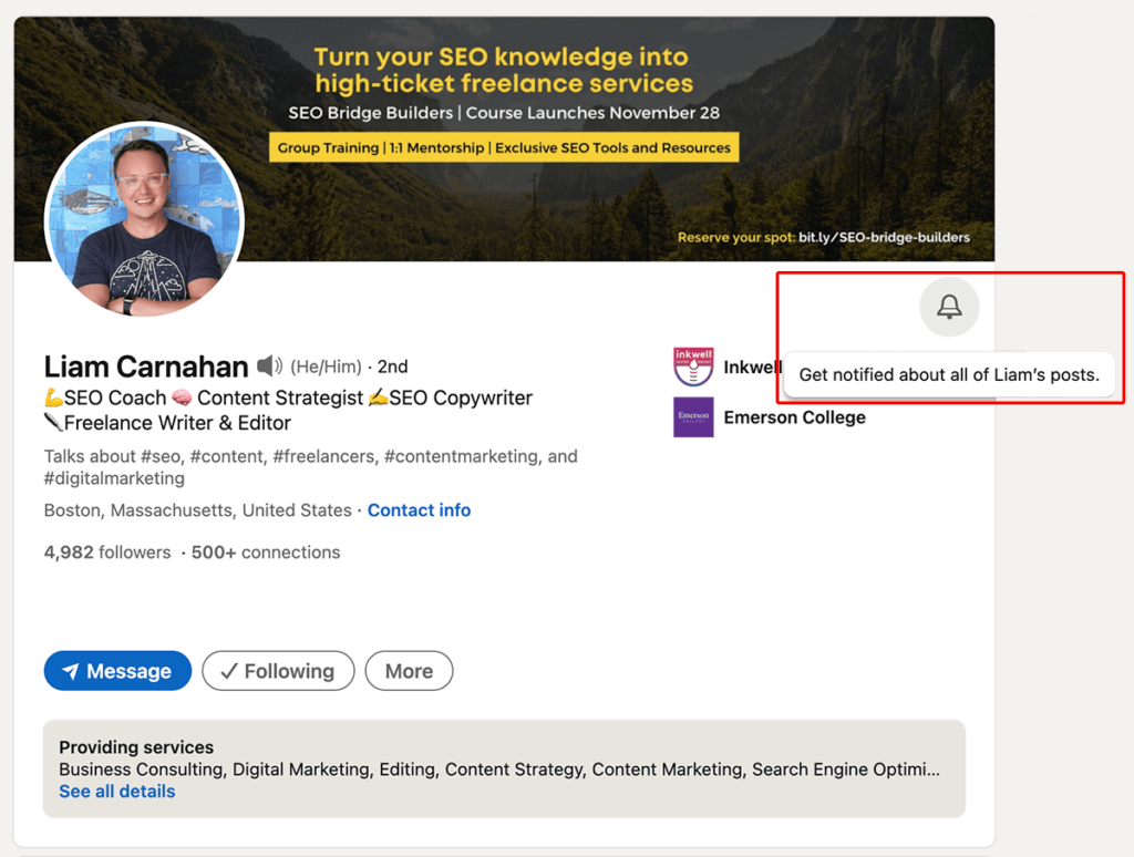 example of setting up an alert on the author's LinkedIn profile